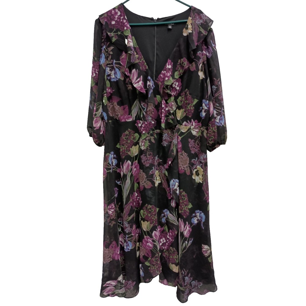 Roz&Ali Faux Wrap Maxi Dress Womens Size 22 Black  Floral Ruffle Dark Fairy BOHO